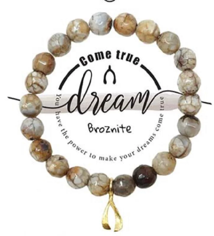 Wish Bone Dream Charm Semi-Precious Broznite Stone Stretch Inspirational Bracelet