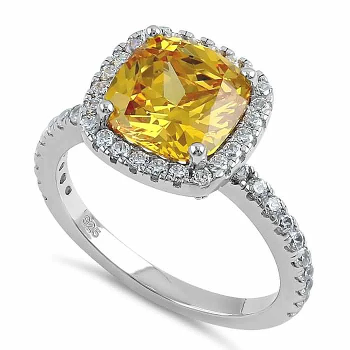 Sterling Silver Cushion Cut Yellow and Clear CZ Ring