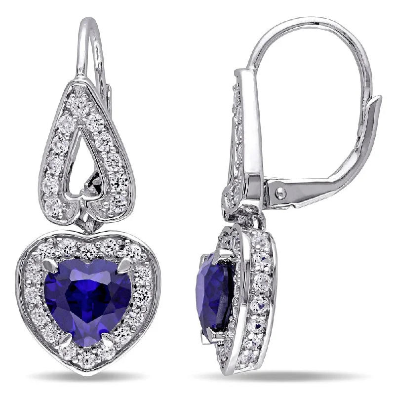 Miadora Sterling Silver Created Blue and White Sapphire Heart Earrings