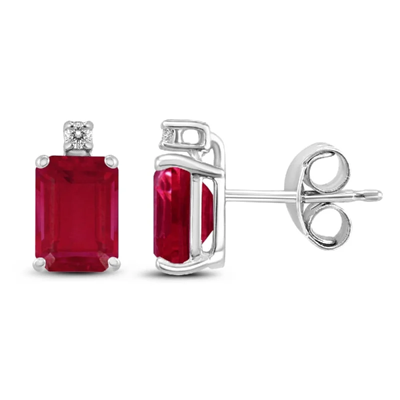 Marquee 14K White Gold 6x4MM Emerald Shaped Ruby and Diamond Earrings