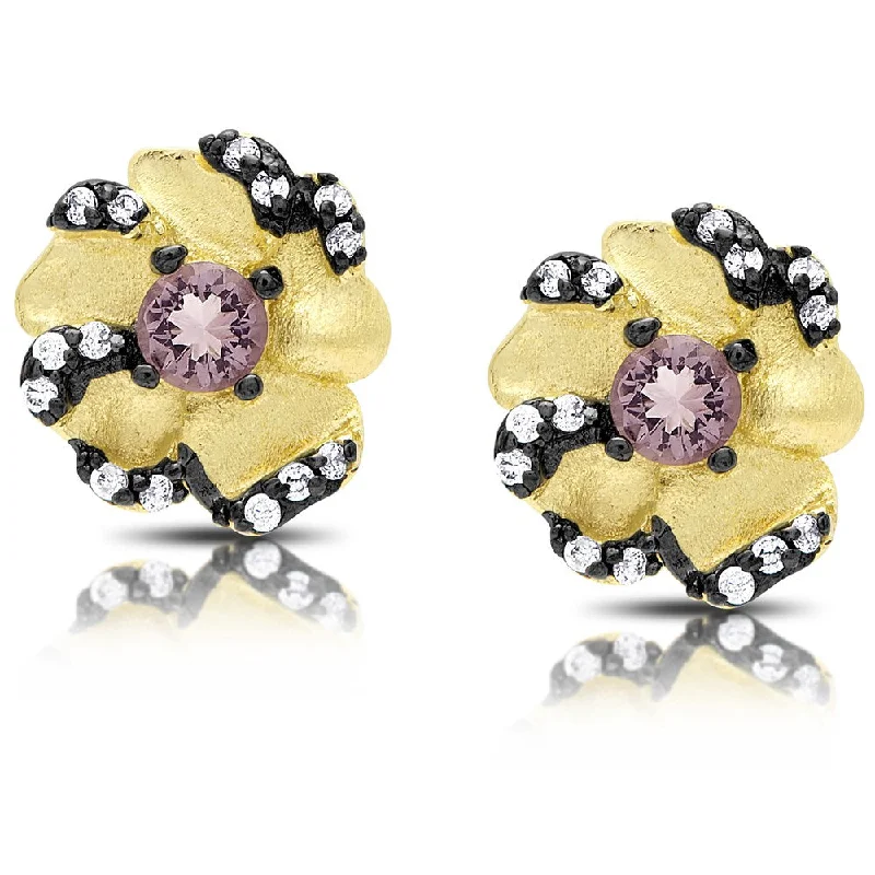 Samantha Stone Gold Over Silver Cubic Zirconia and Simulated Amethyst Flower Stud Earrings