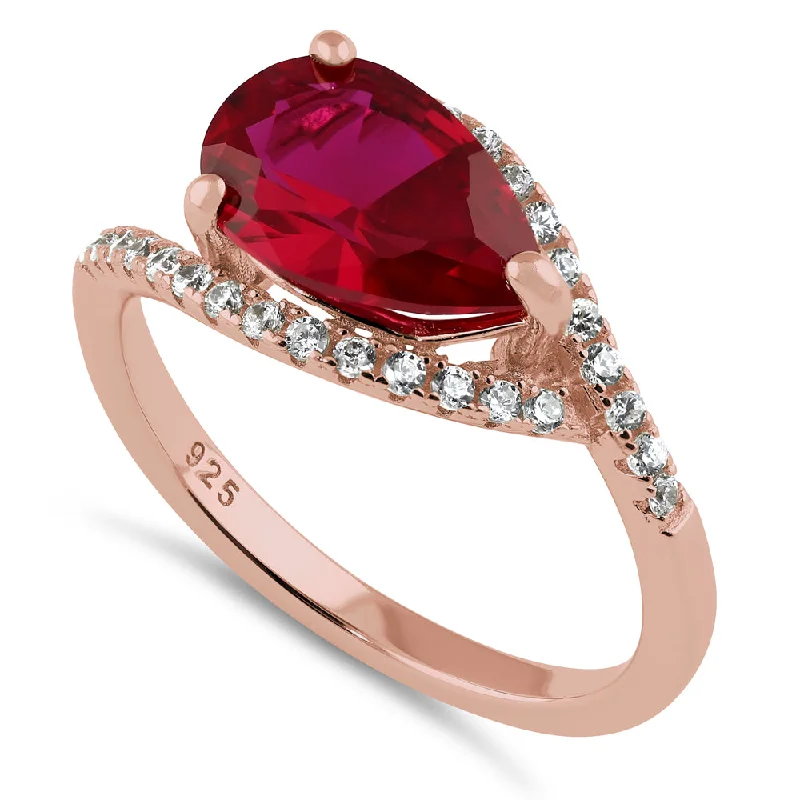 Sterling Silver Rose Gold Plated Ruby Pear CZ Ring