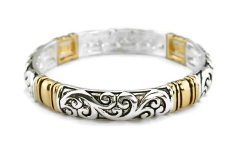 Two Tone Designer Stretch Bracelet with Curves and Gold accents