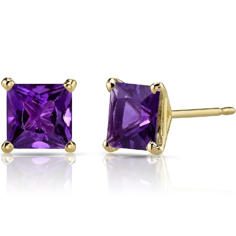 14k Yellow Gold Amethyst Stud Earrings 1.98 ct Princess Shape