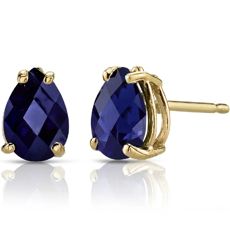 14k Yellow Gold Blue Sapphire Stud Earrings 1.8 ct Pear Shape