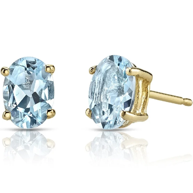 14k Yellow Gold Aquamarine Stud Earrings 1.26 ct Oval Shape