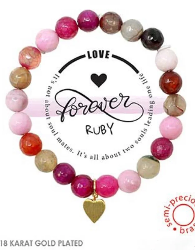 Heart Charm Love Forever Semi-Precious Ruby Stone Stretch Inspirational Bracelet