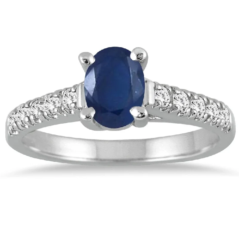 1 Carat Oval Sapphire and Diamond Ring in 14K White Gold