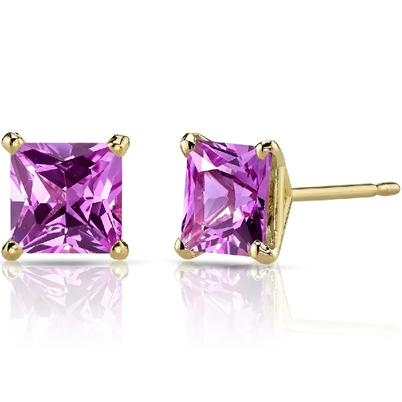 14k Yellow Gold 3 ct Created Pink Sapphire Stud Earrings