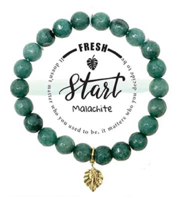 Fresh Start Leaf Charm Semi-Precious Malachite Stone Stretch Inspirational Bracelet