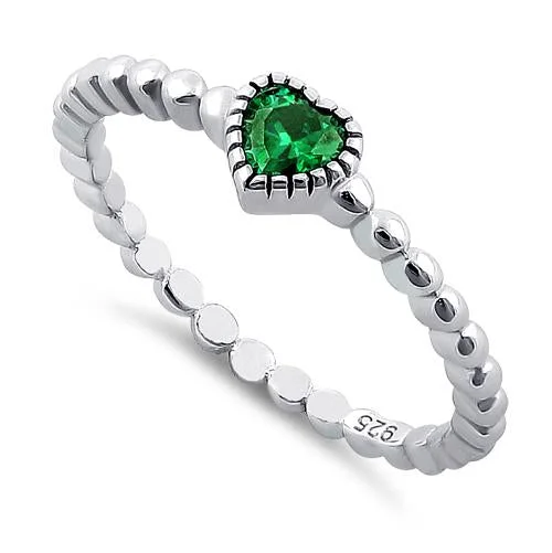 Sterling Silver Beaded Emerald Heart CZ Ring