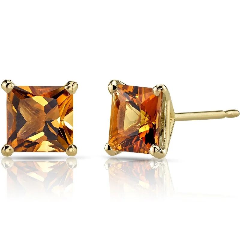 14k Yellow Gold Citrine Stud Earrings 1.86 ct Princess Shape