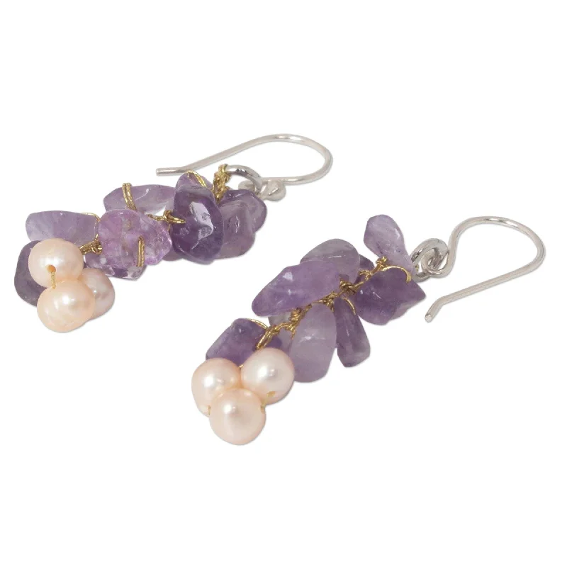 NOVICA Handmade Silver Afternoon Lilac Pearl Amethyst Earrings (Thailand) - 1.8*0.5