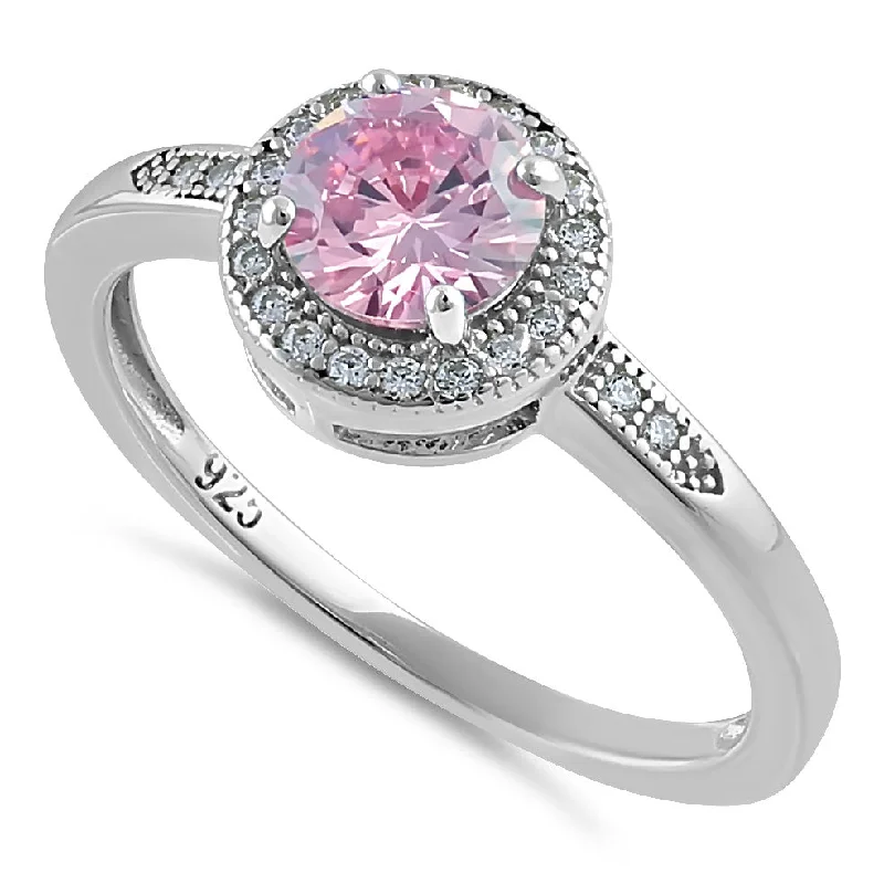 Sterling Silver Elegant Round Halo Pink CZ Ring