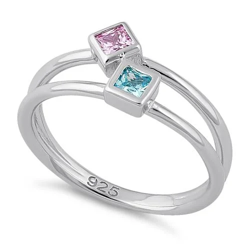 Sterling Silver Double Princess Cut Pink CZ Ring