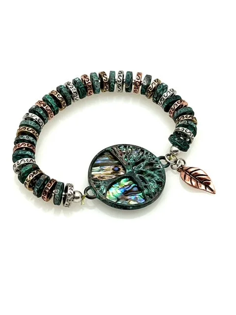 Patina Stretch Bracelet - Tree of Life Mother of Pearl Pendant