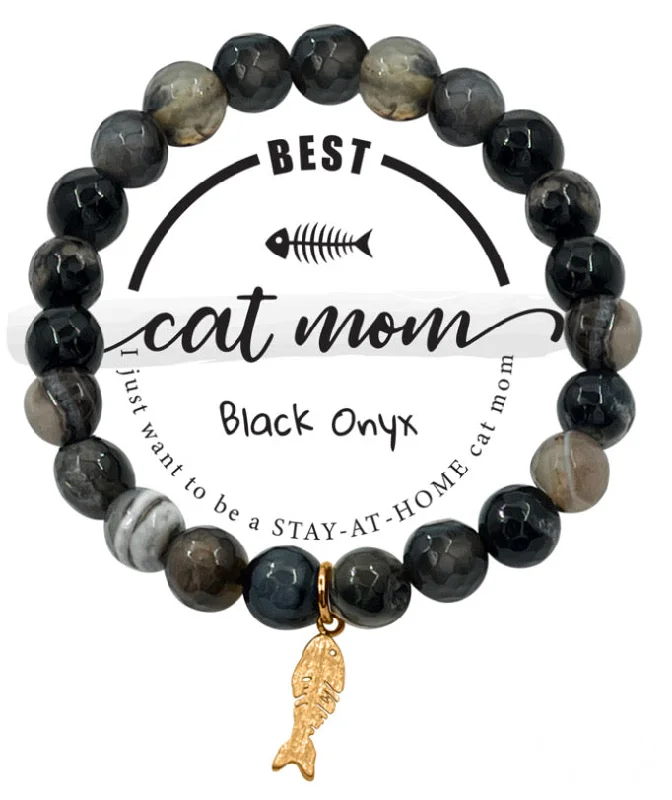 Cat Mom Fish Charm Black Onyx Semi-Precious Stone Stretch Inspirational Bracelet