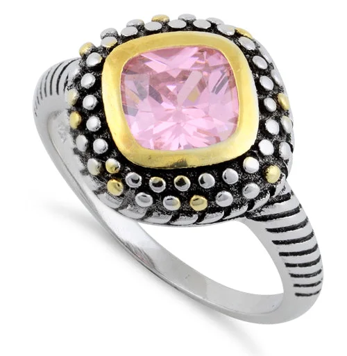 Sterling Silver Pink Two Tone Unique CZ Ring