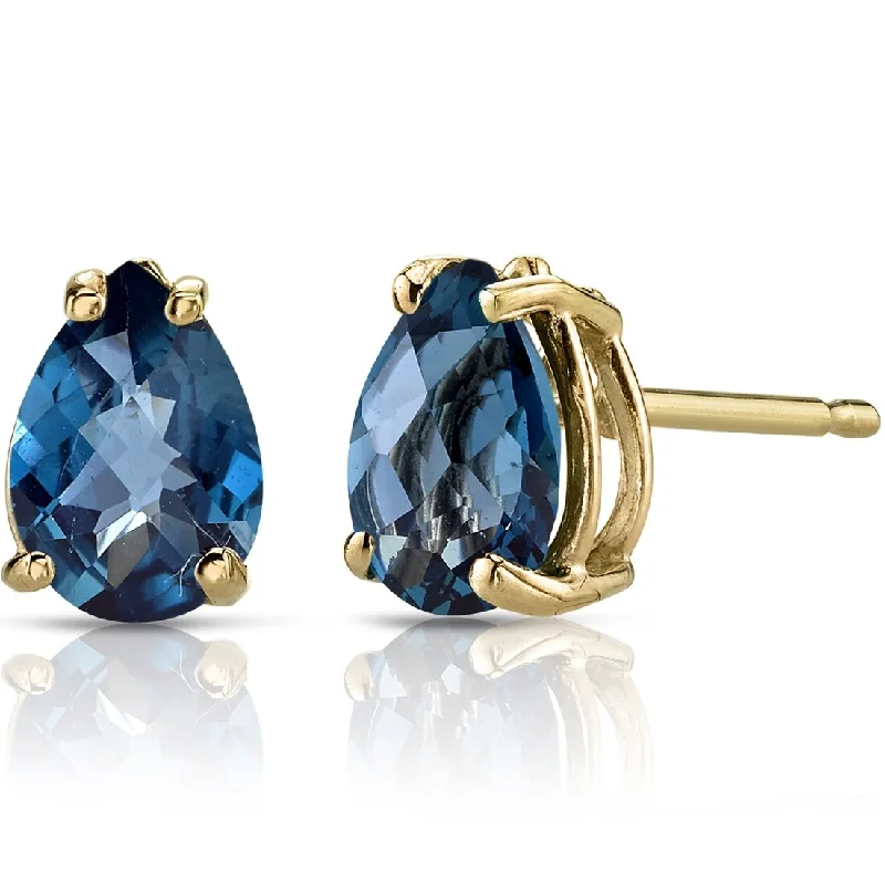 14k Yellow Gold London Blue Topaz Stud Earrings 1.54 ct Pear Shape