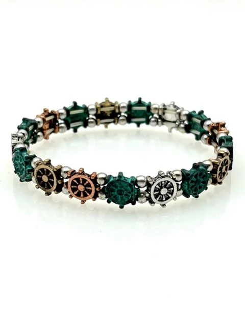 Nautical Patina Stretch Bracelet - Ship's Wheel