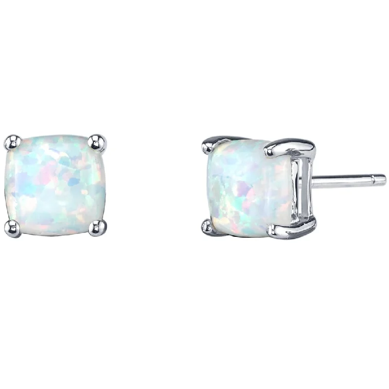 14k White Gold White Opal Stud Earrings 1 ct Cushion Shape