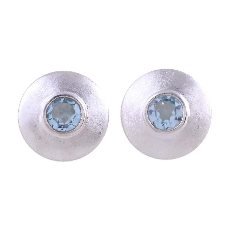 Novica Handmade Sky Shield Blue Topaz Button Earrings