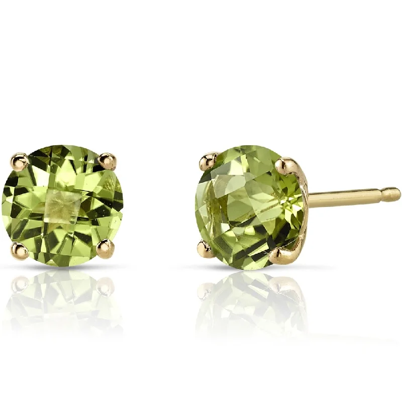 14k Yellow Gold Peridot Stud Earrings 1.76 ct Round Shape