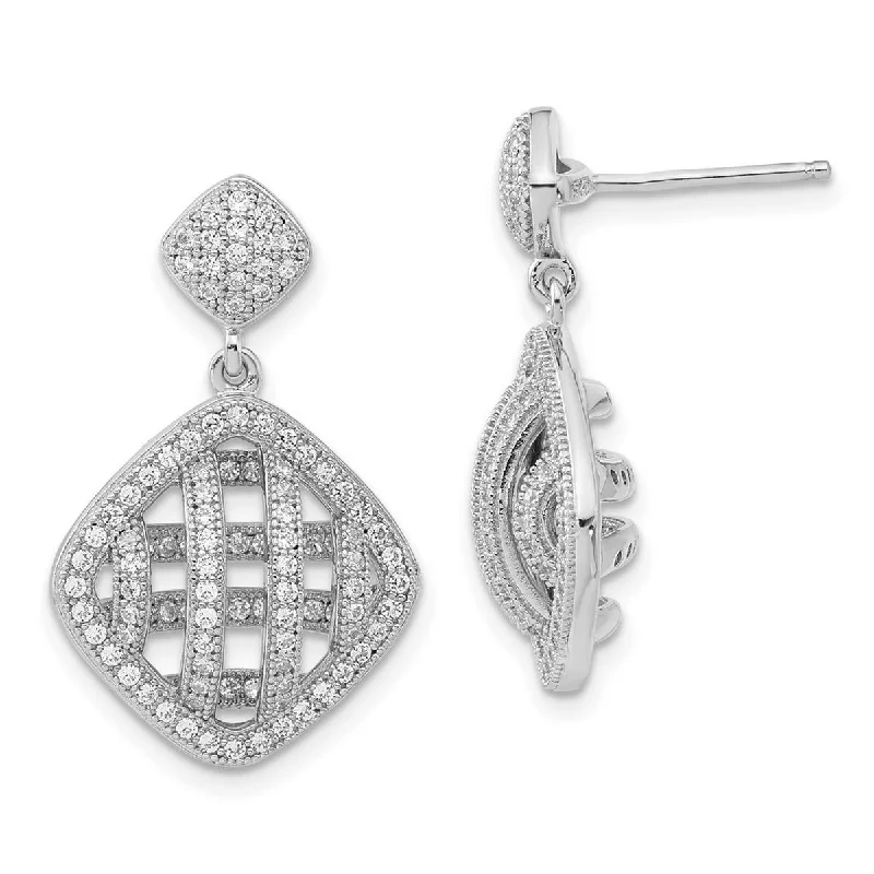 Curata 925 Sterling Silver 24x16mm Pave CZ Cubic ZirconiaFancy Polished Dangle Post Earrings