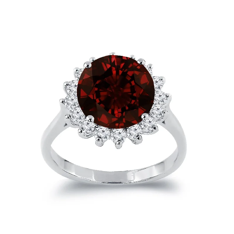 Auriya 4 1/3ct Round Red Garnet Sunburst Halo Diamond Ring 5/8ctw 18K Gold