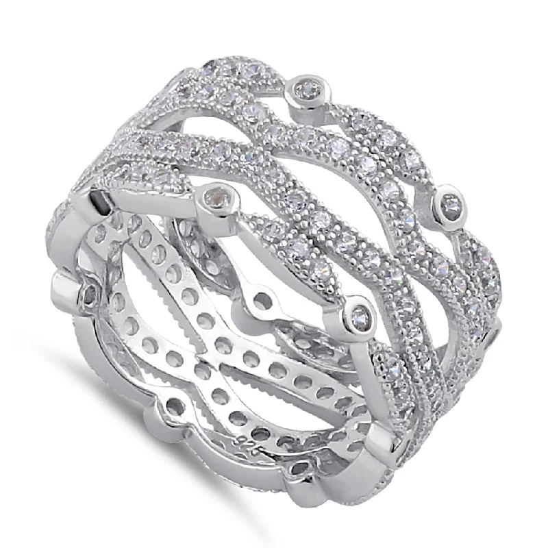 Sterling Silver Clear CZ Quad Stack Wave Ring