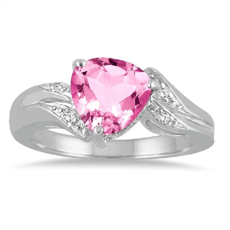 2 1/4 Carat Trillion Cut Pink Topaz and Diamond Ring in 10K White Gold