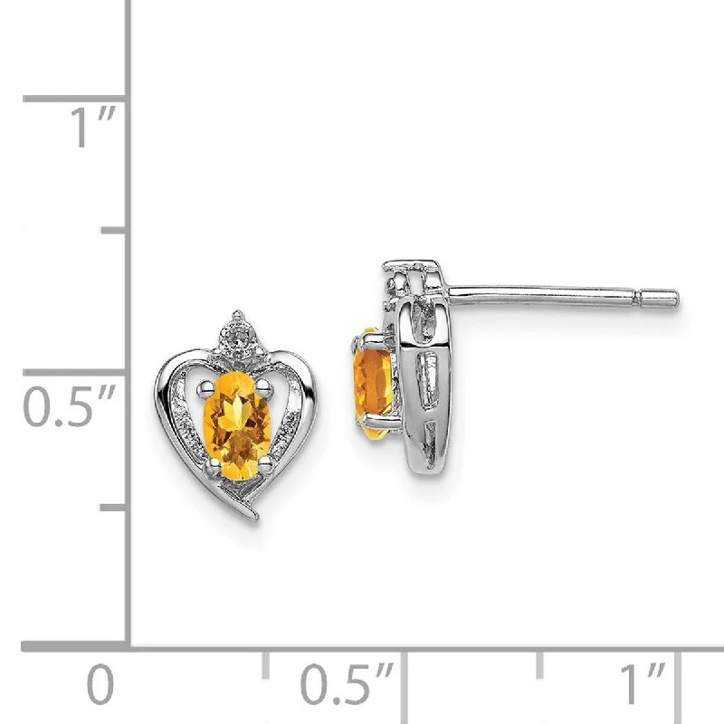 Curata 925 Sterling Silver 10x7mm Citrine and Diamond Heart Earrings