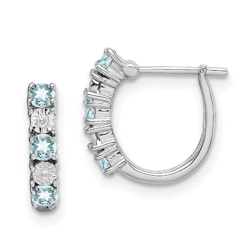 Curata 925 Sterling Silver 12x2mm Aquamarine and Diamond Hoop Earrings