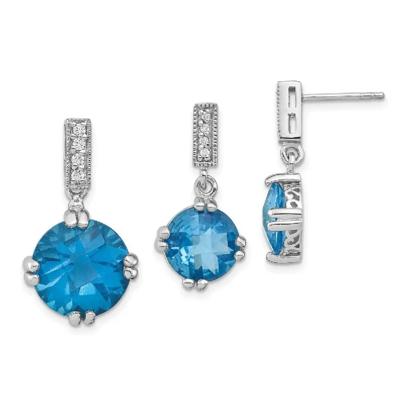 Curata 925 Sterling Silver Polished Post Earrings Blue and Clear CZ Cubic Zirconia Pendant Necklace and