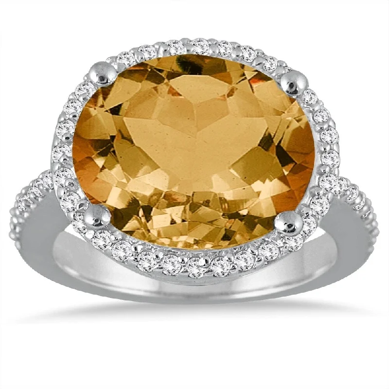 8 Carat Oval Citrine and Diamond Ring in 14K White Gold