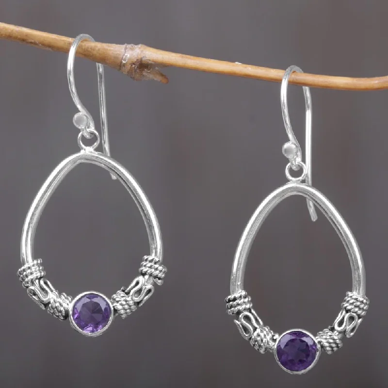 Handcrafted Sterling Silver 'Purple Karma Rings' Amethyst Earrings (Indonesia) - 18mm W * 38mm L