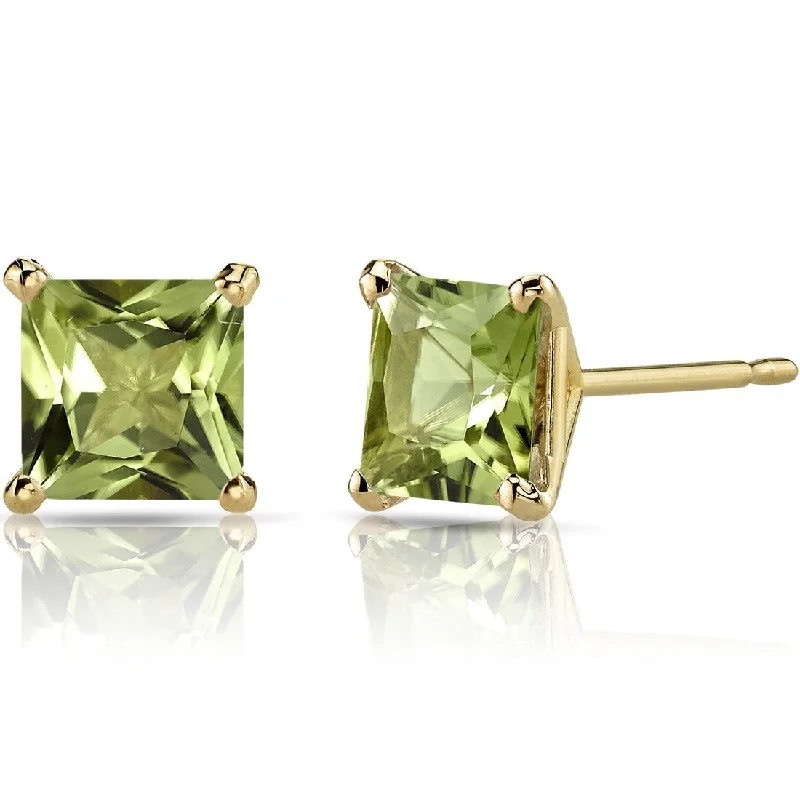 14k Yellow Gold Peridot Stud Earrings 2.18 ct Princess Shape