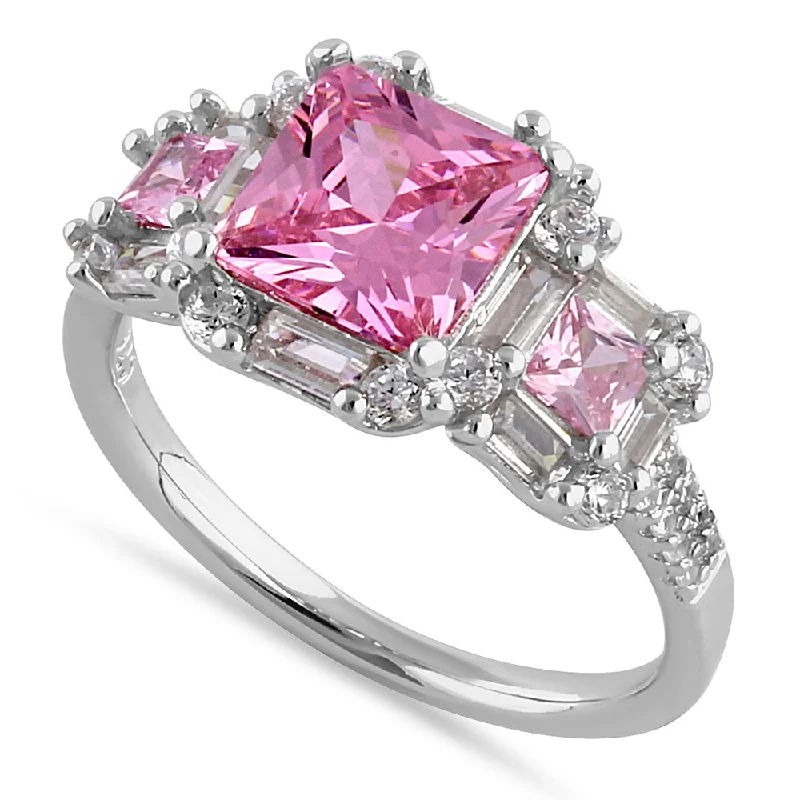 Sterling Silver Princess Cut Pink CZ Ring