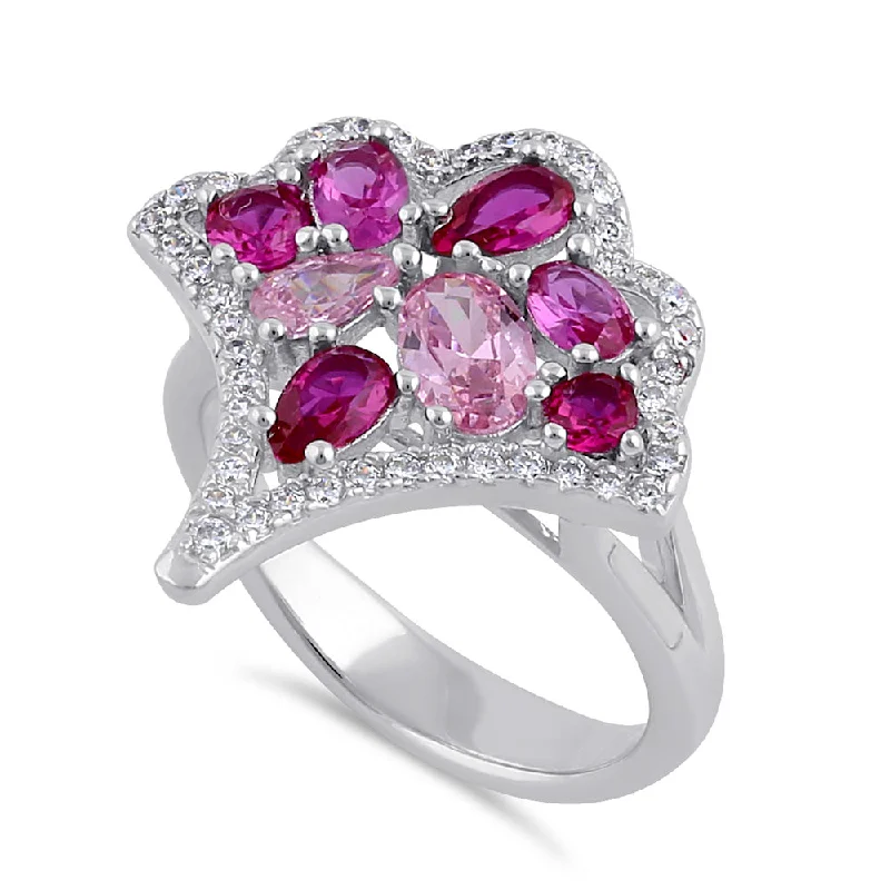 Sterling Silver Pink & Ruby CZ Bouquet Ring