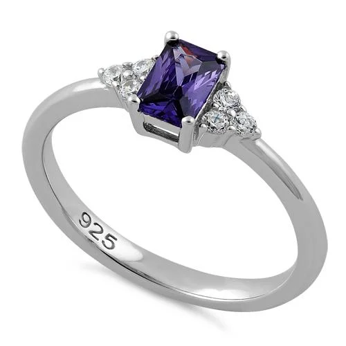 Sterling Silver Precious Emerald Cut Amethyst CZ Ring