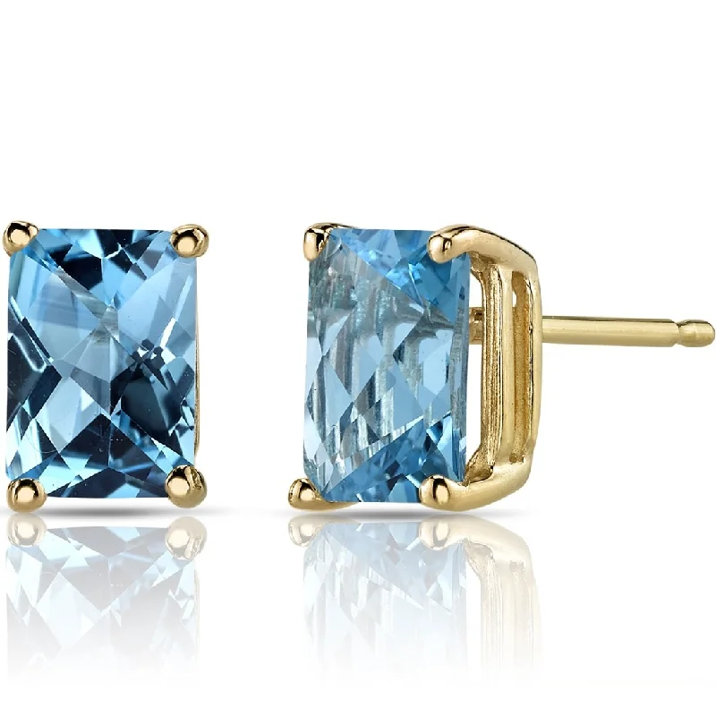 14k Yellow Gold Swiss Blue Topaz Stud Earrings 2.25 ct Radiant Shape