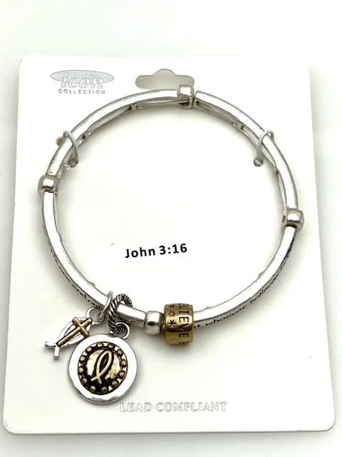 John 3:16 Scripture Silver Stretch Inspirational Charm bracelet