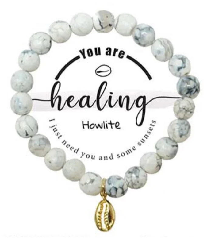 Cowrie Shell Healing Charm Semi-Precious White Howlite Stone Stretch Inspirational Bracelet