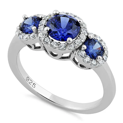 Sterling Silver Triple Tanzanite Round CZ Ring