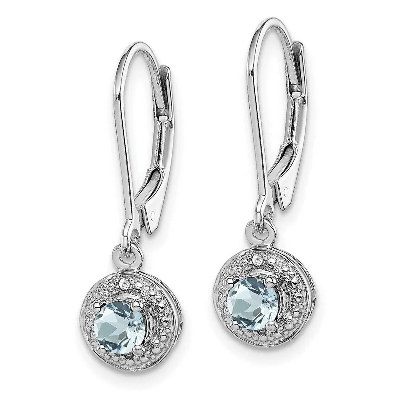 Curata 925 Sterling Silver 26x7mm Diamond and Created Aquamarine Leverback Earrings