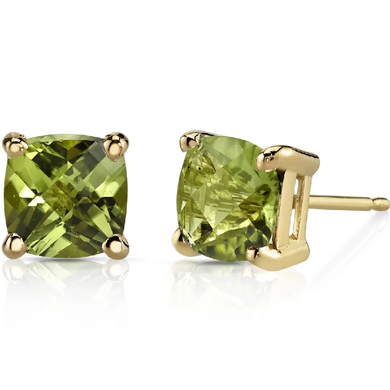 14k Yellow Gold Peridot Stud Earrings 2.24 ct Cushion Shape