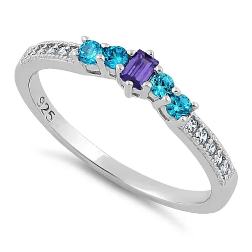 Sterling Silver Dark Violet & Aqua CZ Ring