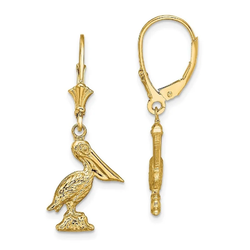 Curata 14k Yellow Gold 3 d Sm Pelican Standing Leverback Dangle Earrings 33.15x12.6mm