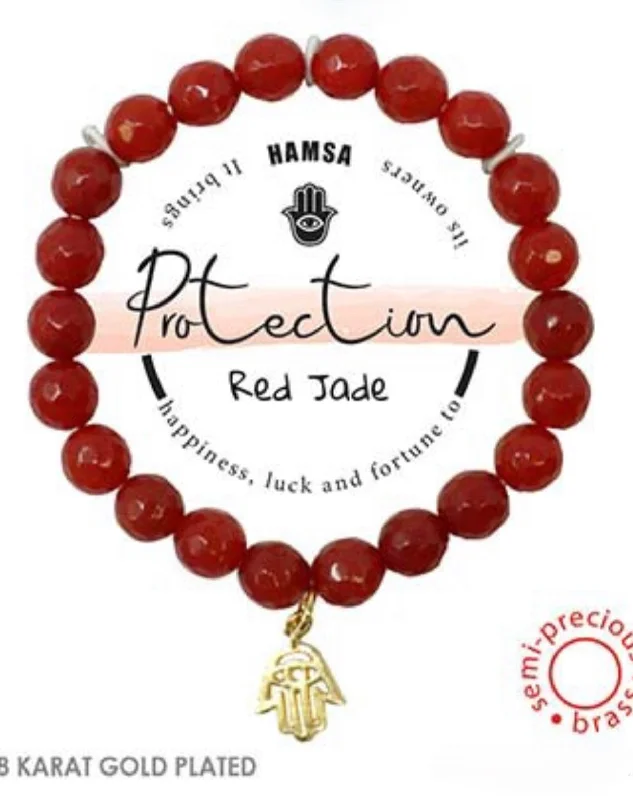 Hamsa Charm Protection Semi-Precious Red Jade Stone Stretch Inspirational Bracelet