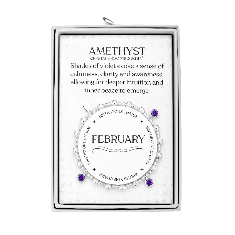 February (Amethyst) Birthstone Stretch Charm Bracelet with Quote Gift Box